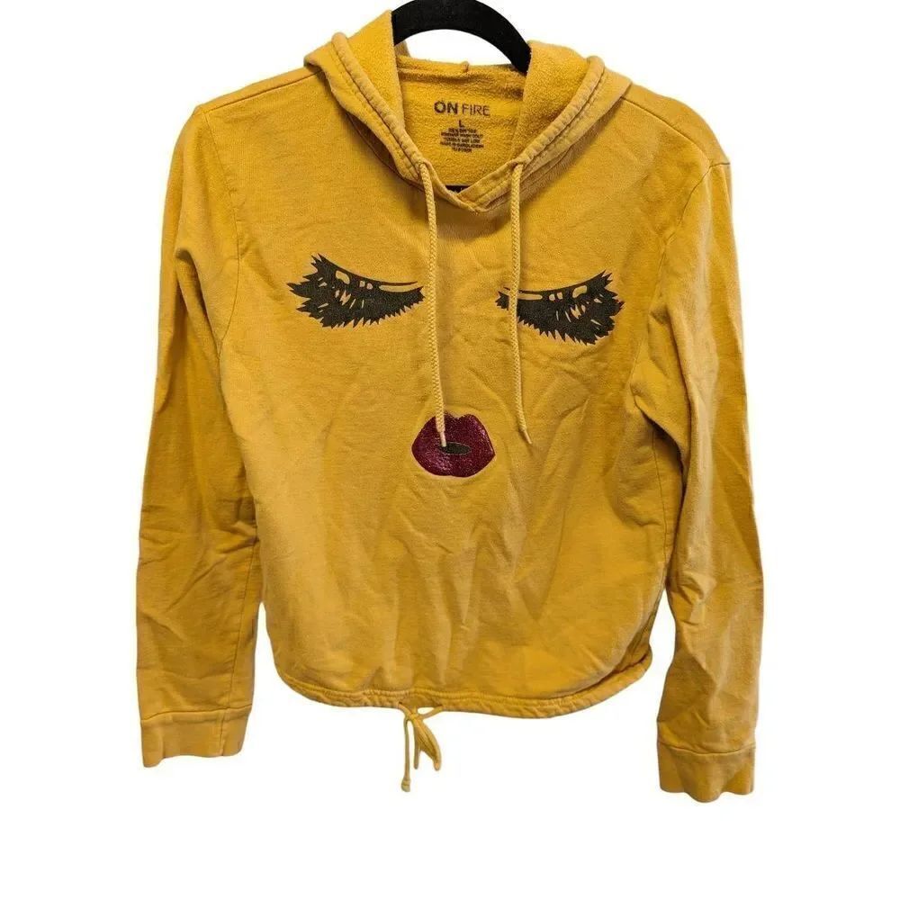 On Fire Lashes and Lips Mustard Yellow Hoodie Women's Size Large